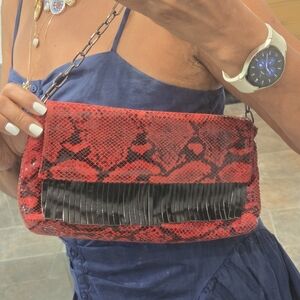 Made In Italy Boho Fringe Leather Red and Black Snake Print Clutch Shoulder Bag
